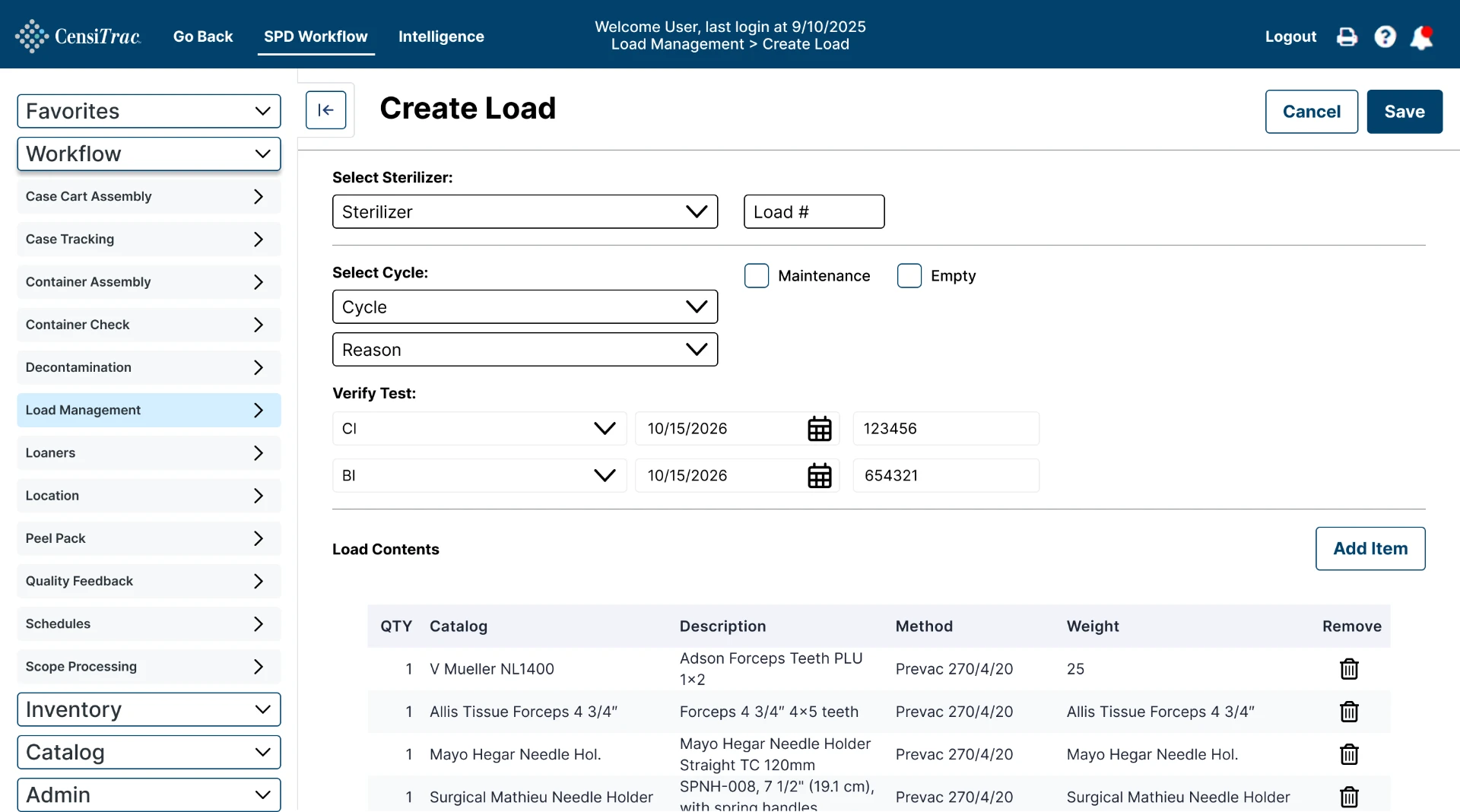 CensiTrac Create Load screen with sterilizer, cycle, test verification and load contents on one screen