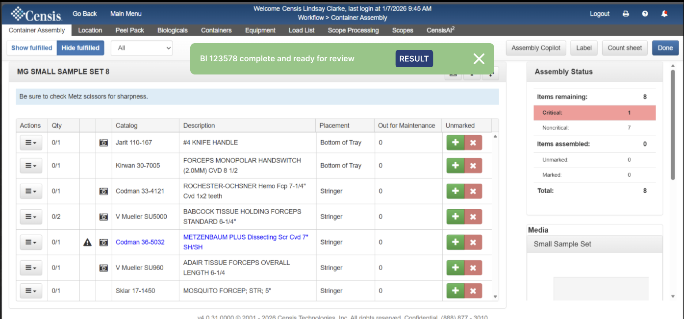 Container Assembly screen with a biological indicator result banner