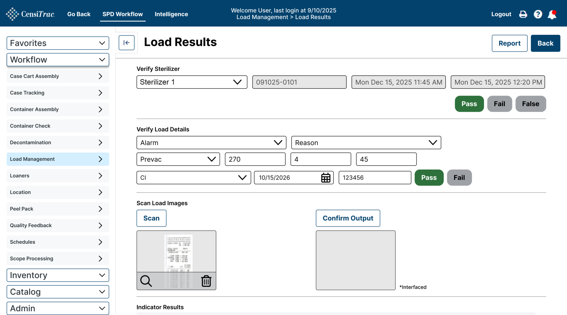 Load Results screen with cycle parameter fields and scanned load images