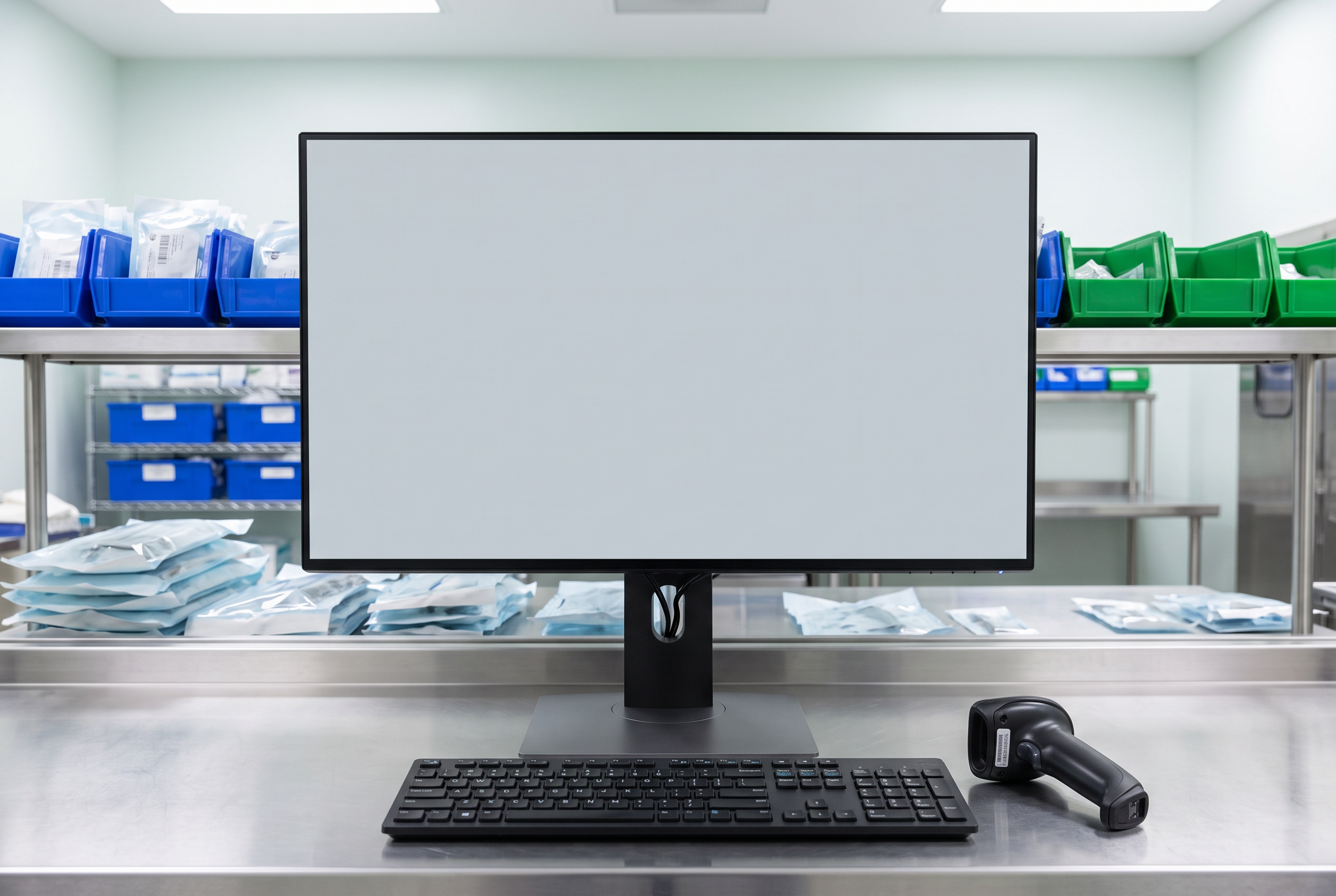 Monitor and barcode scanner at a stainless steel sterile-processing workstation